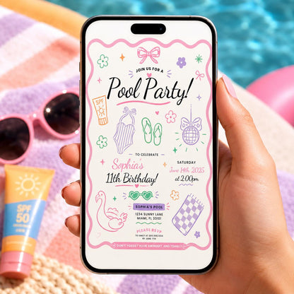 Editable Summer Pool Party Birthday Invitation Canva Template, Cute Pastel Girls Teen Swim Party Invite, Any Age Printable Digital Download.