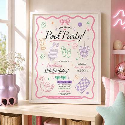 Editable Summer Pool Party Birthday Invitation Canva Template, Cute Pastel Girls Teen Swim Party Invite, Any Age Printable Digital Download.