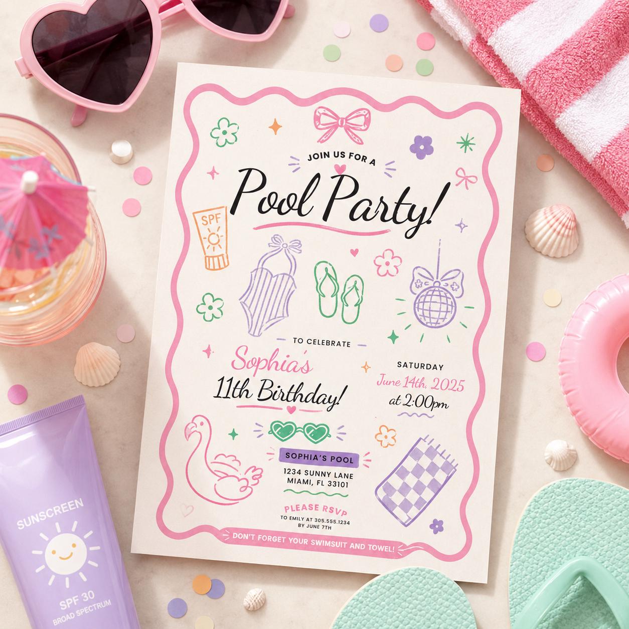 Editable Summer Pool Party Birthday Invitation Canva Template, Cute Pastel Girls Teen Swim Party Invite, Any Age Printable Digital Download.