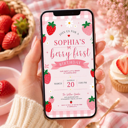 Editable Berry First Birthday Invitation Canva Template, Pink Girls Kids Cute Modern Fun DIY Sweet Party Invite, Printable Digital Download.