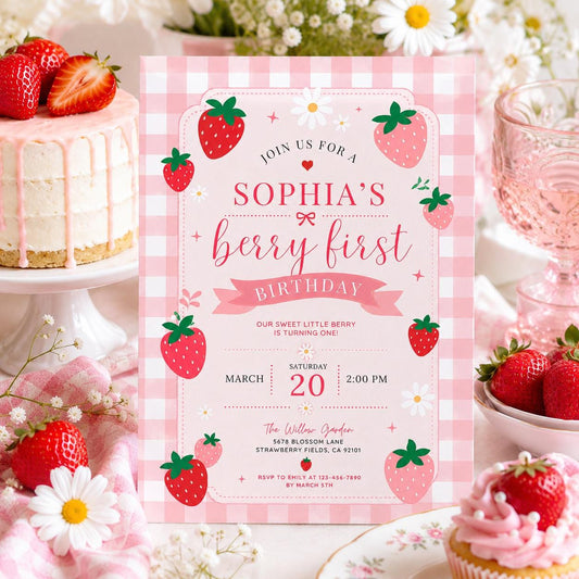 Editable Berry First Birthday Invitation Canva Template, Pink Girls Kids Cute Modern Fun DIY Sweet Party Invite, Printable Digital Download.