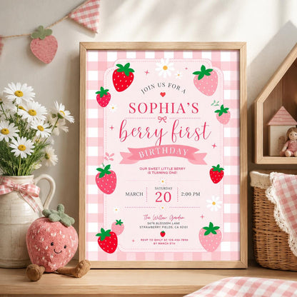 Editable Berry First Birthday Invitation Canva Template, Pink Girls Kids Cute Modern Fun DIY Sweet Party Invite, Printable Digital Download.