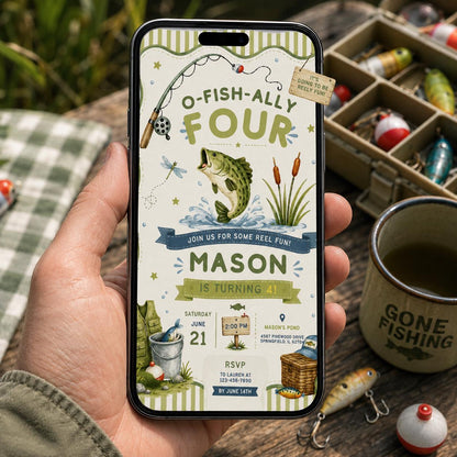 Editable Fishing Birthday Invitation Canva Template, Boys Kids Cute Modern Fun DIY Sweet Chic Teen Party Invite, Printable Digital Download.