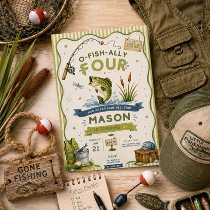 Editable Fishing Birthday Invitation Canva Template, Boys Kids Cute Modern Fun DIY Sweet Chic Teen Party Invite, Printable Digital Download.
