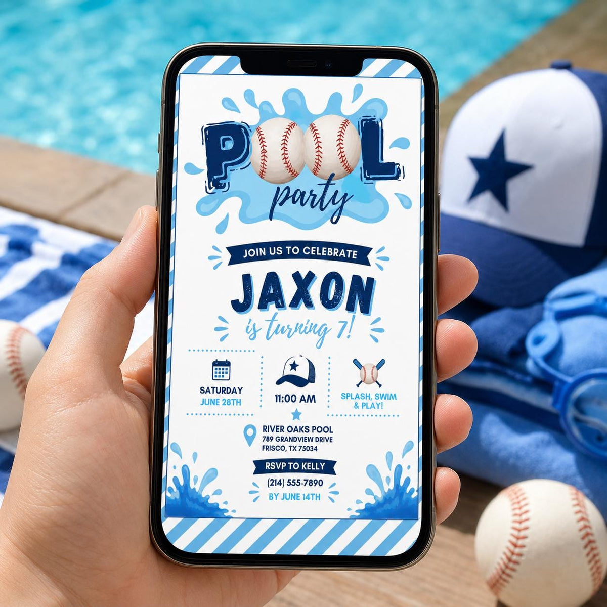 Editable Baseball Pool Birthday Invitation Canva Template, Boys Pool Cute Modern Fun DIY Chic Kids Party Invite, Printable Digital Download.