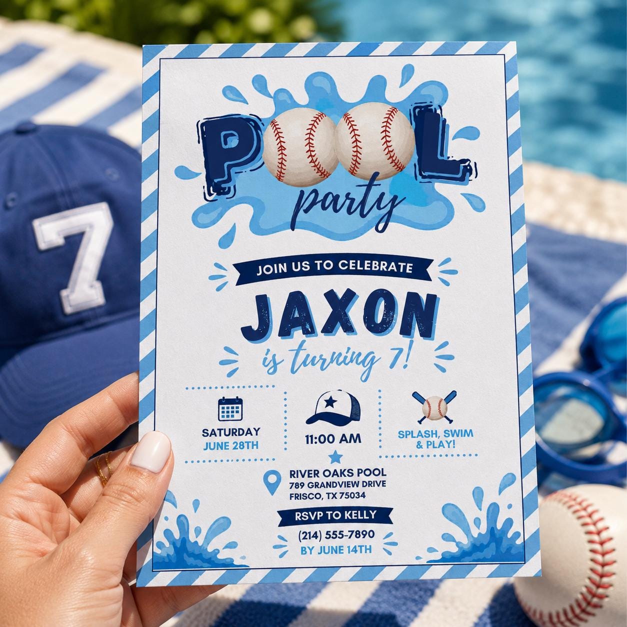 Editable Baseball Pool Birthday Invitation Canva Template, Boys Pool Cute Modern Fun DIY Chic Kids Party Invite, Printable Digital Download.