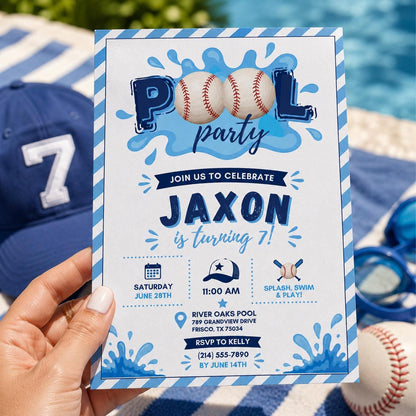 Editable Baseball Pool Birthday Invitation Canva Template, Boys Pool Cute Modern Fun DIY Chic Kids Party Invite, Printable Digital Download.