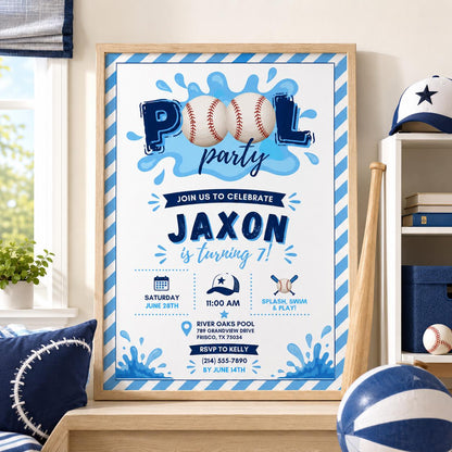 Editable Baseball Pool Birthday Invitation Canva Template, Boys Pool Cute Modern Fun DIY Chic Kids Party Invite, Printable Digital Download.