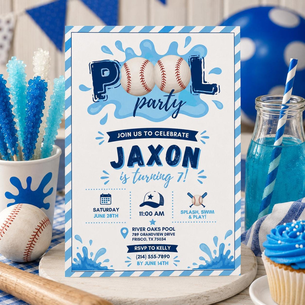 Editable Baseball Pool Birthday Invitation Canva Template, Boys Pool Cute Modern Fun DIY Chic Kids Party Invite, Printable Digital Download.