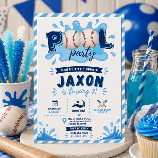 Editable Baseball Pool Birthday Invitation Canva Template, Boys Pool Cute Modern Fun DIY Chic Kids Party Invite, Printable Digital Download.