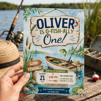 Editable Fishing Birthday Invitation Canva Template, Boys Kids Cute Modern Fun DIY Sweet Chic Teen Party Invite, Printable Digital Download.