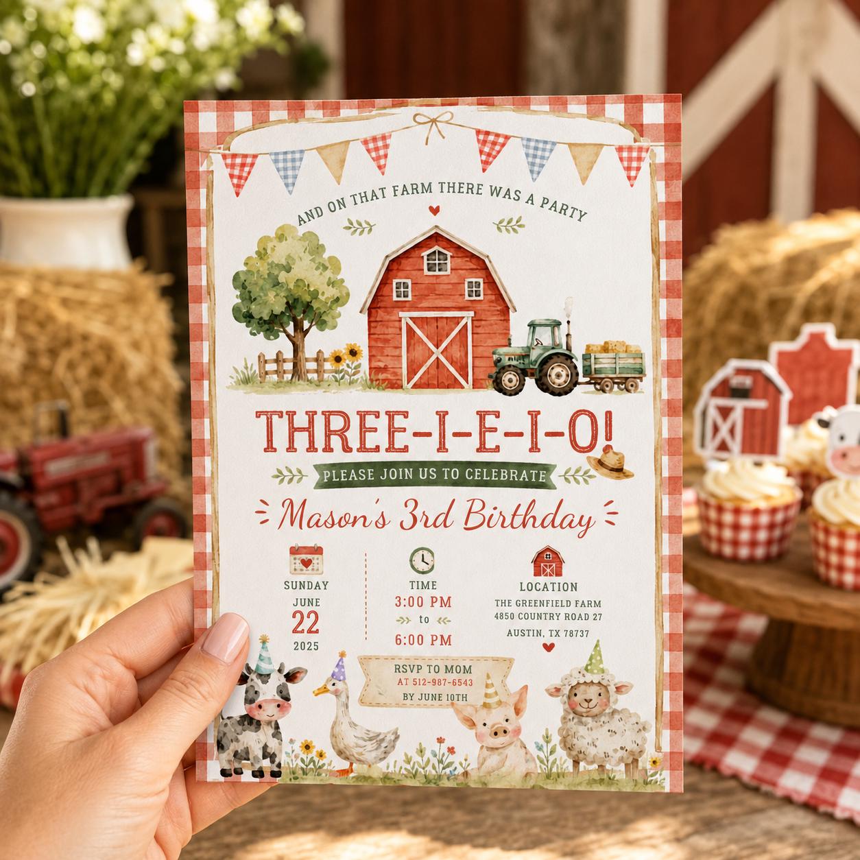 Editable Farm Animals Birthday Invitation Canva Template, Cute Boys Kids Farm Modern Fun DIY Sweet Party Invite, Printable Digital Download.
