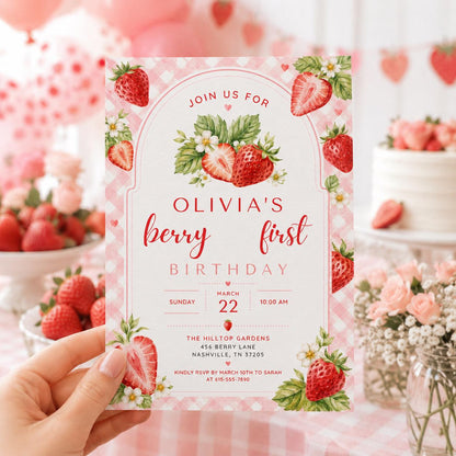 Editable Berry First Birthday Invitation Canva Template, Pink Girls Kids Cute Modern Fun DIY Sweet Party Invite, Printable Digital Download.