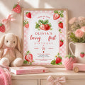 Editable Berry First Birthday Invitation Canva Template, Pink Girls Kids Cute Modern Fun DIY Sweet Party Invite, Printable Digital Download.