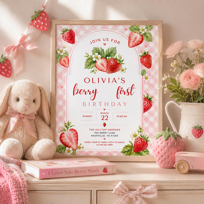 Editable Berry First Birthday Invitation Canva Template, Pink Girls Kids Cute Modern Fun DIY Sweet Party Invite, Printable Digital Download.