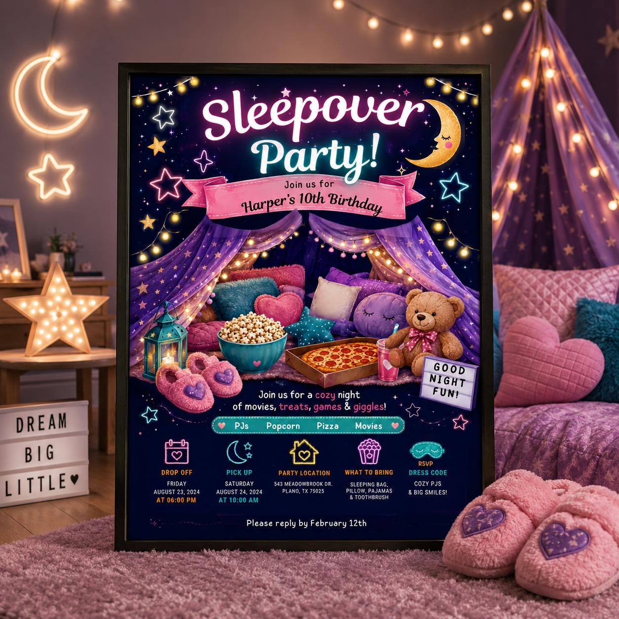 Editable Sleepover Birthday Invitation Canva Template, Girls Kids Teens Cute Modern Fun Themed DIY Party Invite, Printable Digital Download.