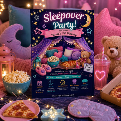 Editable Sleepover Birthday Invitation Canva Template, Girls Kids Teens Cute Modern Fun Themed DIY Party Invite, Printable Digital Download.