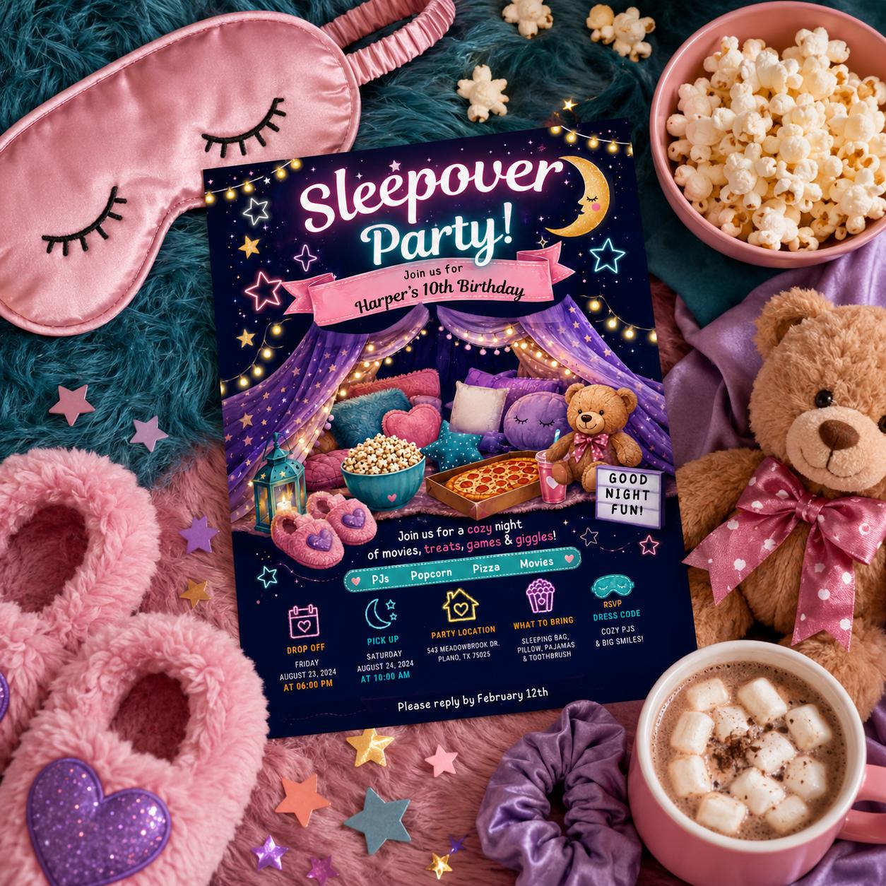 Editable Sleepover Birthday Invitation Canva Template, Girls Kids Teens Cute Modern Fun Themed DIY Party Invite, Printable Digital Download.