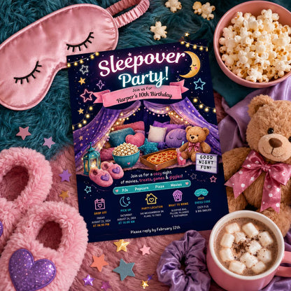 Editable Sleepover Birthday Invitation Canva Template, Girls Kids Teens Cute Modern Fun Themed DIY Party Invite, Printable Digital Download.