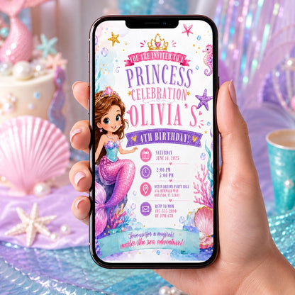Editable Mermaid Birthday Invitation Canva Template, Pink Blue Purple Neon Girls Kids Cute Fun DIY Party Invite, Printable Digital Download.