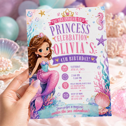 Editable Mermaid Birthday Invitation Canva Template, Pink Blue Purple Neon Girls Kids Cute Fun DIY Party Invite, Printable Digital Download.