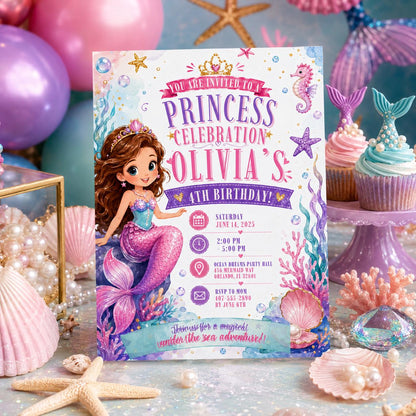 Editable Mermaid Birthday Invitation Canva Template, Pink Blue Purple Neon Girls Kids Cute Fun DIY Party Invite, Printable Digital Download.