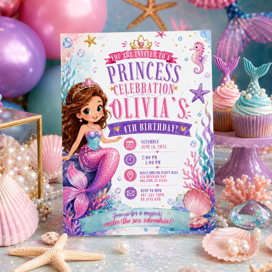 Editable Mermaid Birthday Invitation Canva Template, Pink Blue Purple Neon Girls Kids Cute Fun DIY Party Invite, Printable Digital Download.