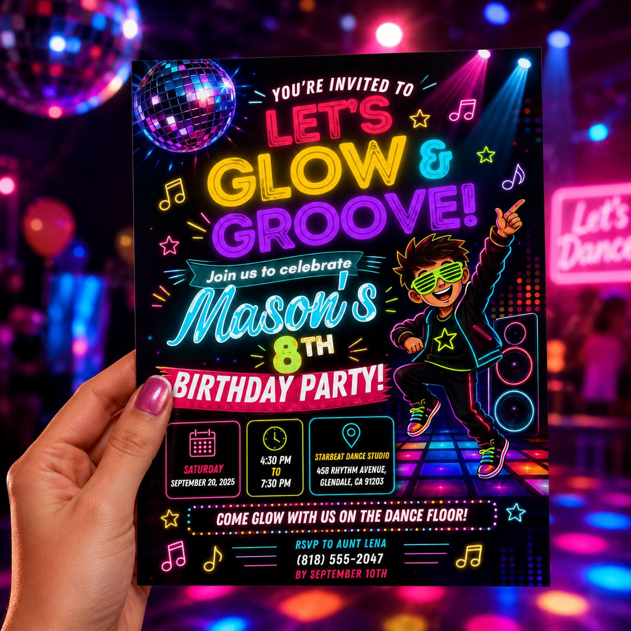 Editable Neon Glow Birthday Invitation Canva Template, Neon Cute Modern Fun Themed Custom DIY Chic Party Invite, Printable Digital Download.