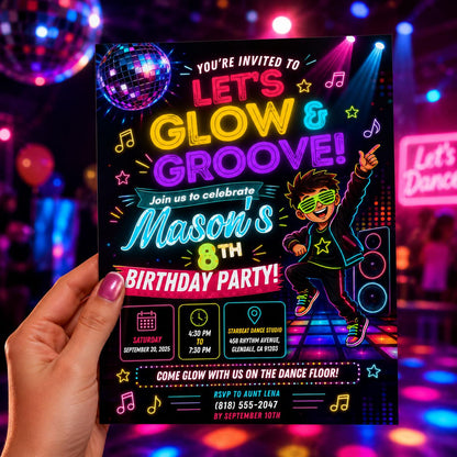 Editable Neon Glow Birthday Invitation Canva Template, Neon Cute Modern Fun Themed Custom DIY Chic Party Invite, Printable Digital Download.