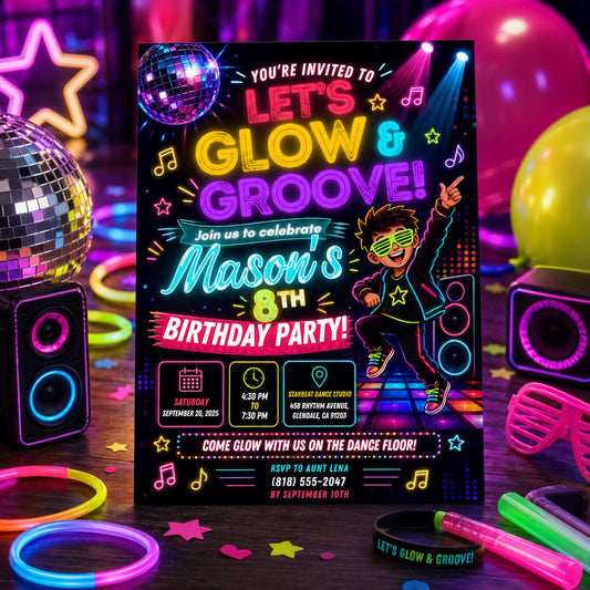 Editable Neon Glow Birthday Invitation Canva Template, Neon Cute Modern Fun Themed Custom DIY Chic Party Invite, Printable Digital Download.