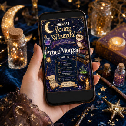 Editable Wizards Witches Birthday Invitation Canva Template, Cute Modern Fun Themed DIY Sweet Chic Party Invite, Printable Digital Download.