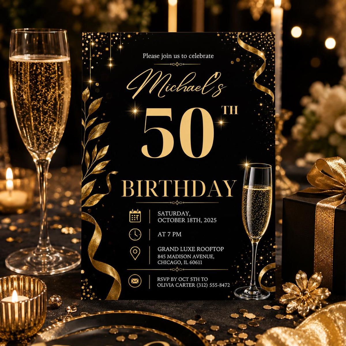 Editable Neon Glow Birthday Invitation Canva Template, Gold Black Boys Neon Cute Fun DIY Chic Kids Party Invite, Printable Digital Download.