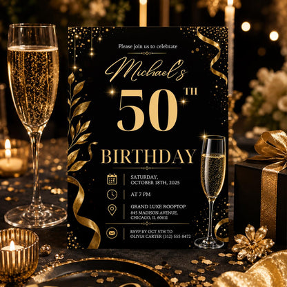 Editable Neon Glow Birthday Invitation Canva Template, Gold Black Boys Neon Cute Fun DIY Chic Kids Party Invite, Printable Digital Download.