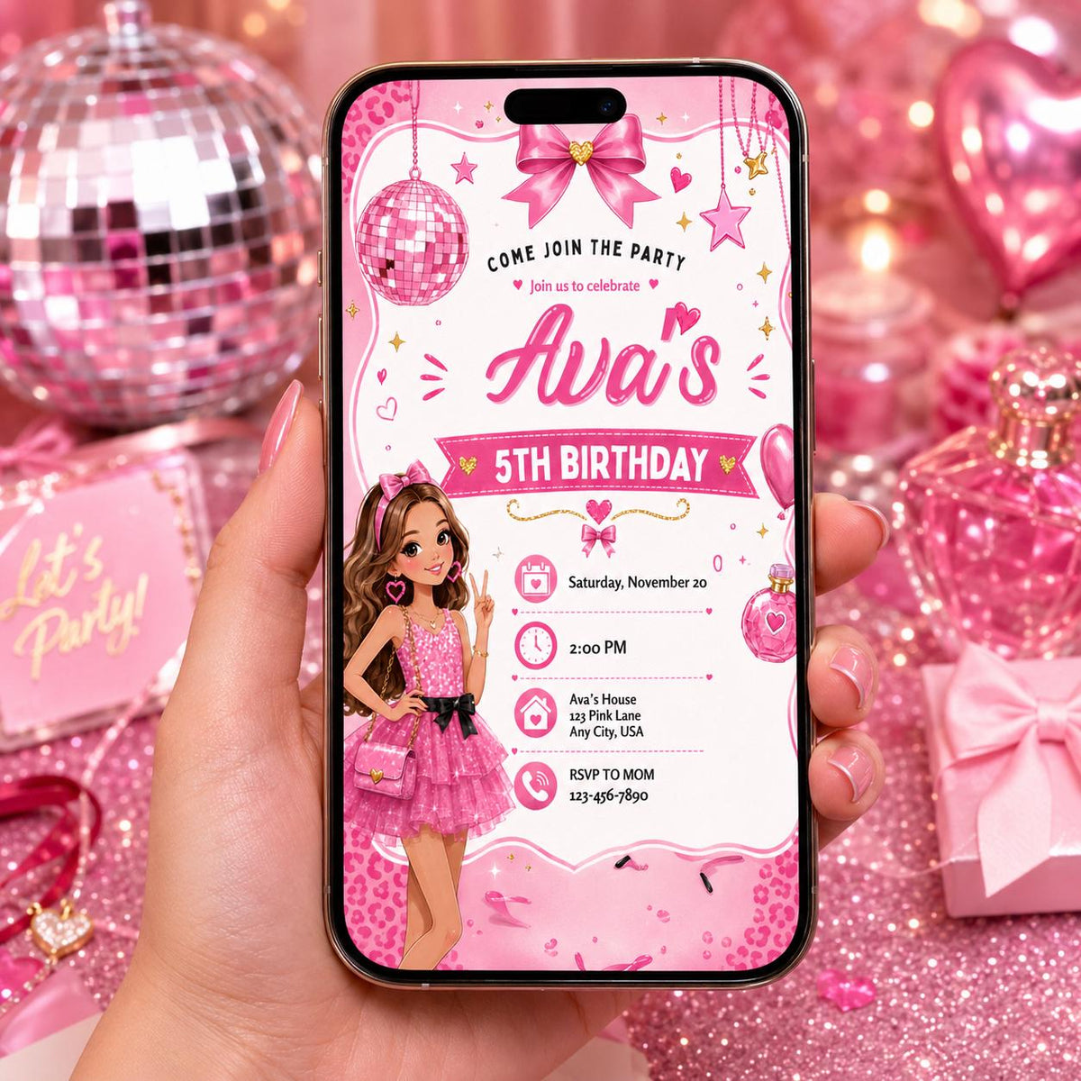 Editable Fashion Doll Birthday Invitation Canva Template, Pink Girls Cute Modern Fun DIY Chic Kids Party Invite, Printable Digital Download.