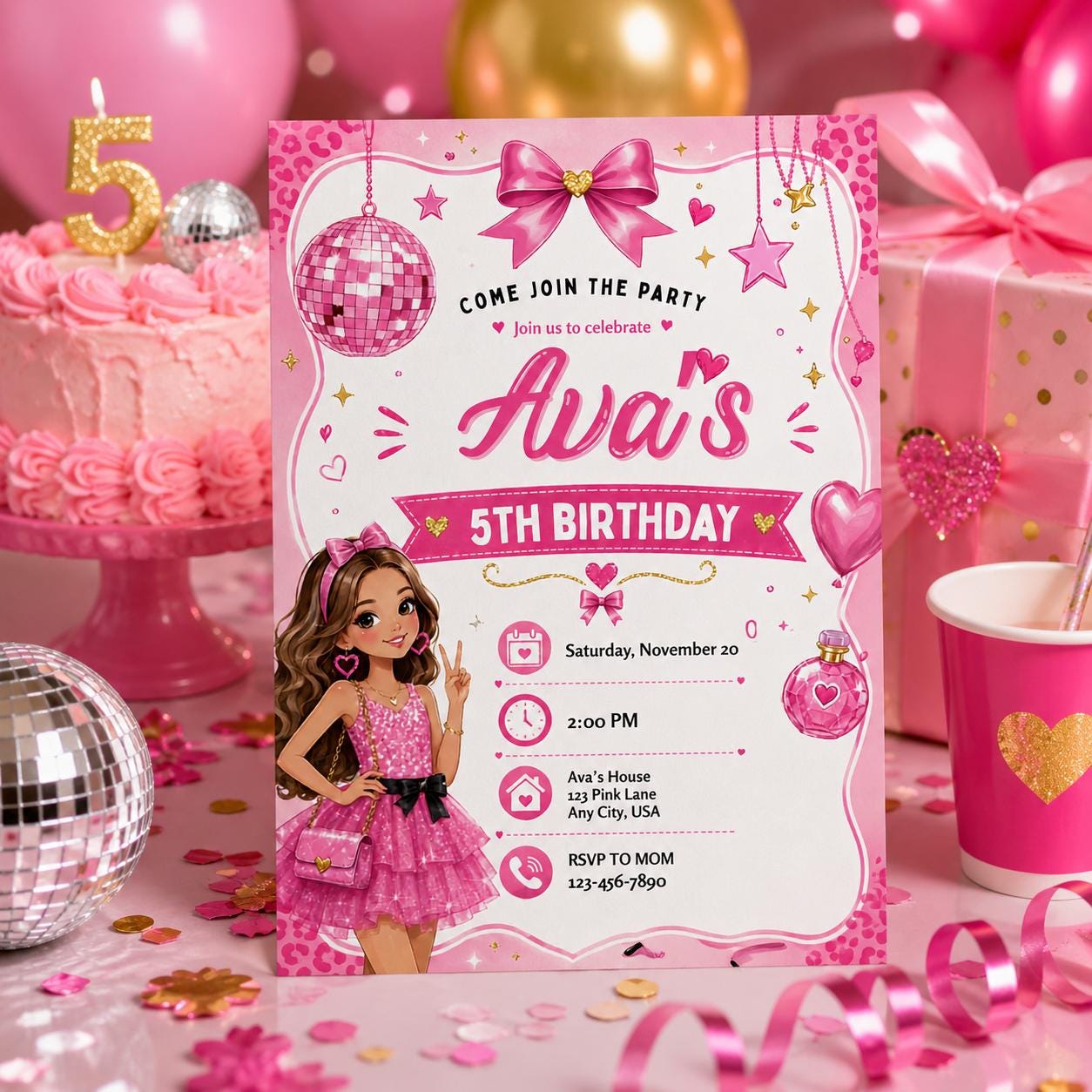 Editable Fashion Doll Birthday Invitation Canva Template, Pink Girls Cute Modern Fun DIY Chic Kids Party Invite, Printable Digital Download.
