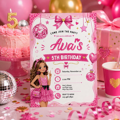 Editable Fashion Doll Birthday Invitation Canva Template, Pink Girls Cute Modern Fun DIY Chic Kids Party Invite, Printable Digital Download.