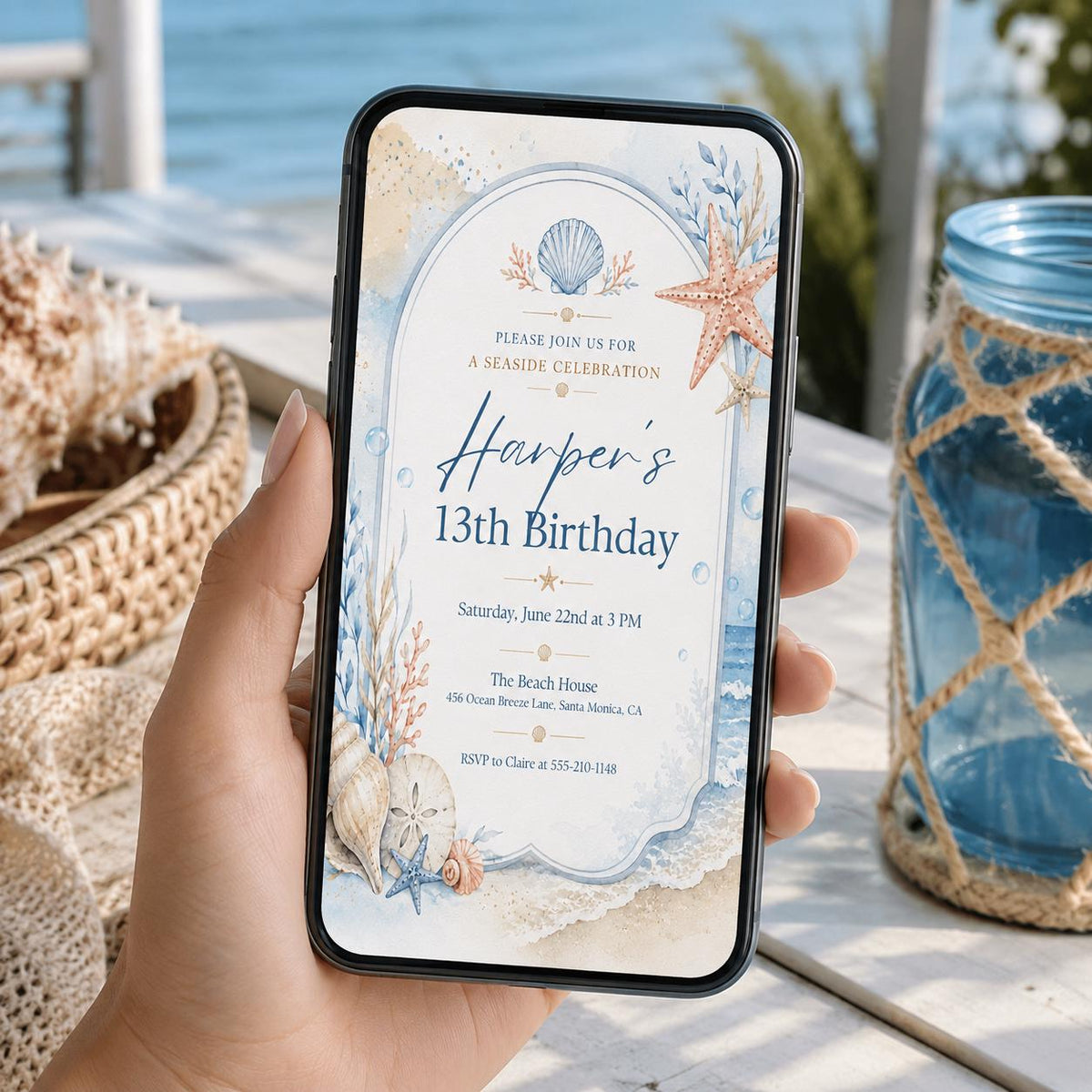 Editable Coastal Birthday Invitation Canva Template, Blue Girls Teens Beach Cute Fun DIY Chic Kids Party Invite, Printable Digital Download.