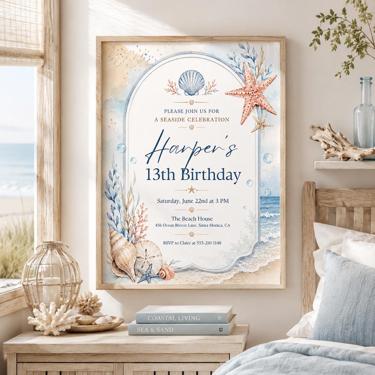 Editable Coastal Birthday Invitation Canva Template, Blue Girls Teens Beach Cute Fun DIY Chic Kids Party Invite, Printable Digital Download.