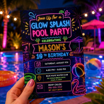 Editable Pool Birthday Invitation Canva Template, Neon Girls Pool Cute Modern Fun Themed DIY Sweet Party Invite, Printable Digital Download.
