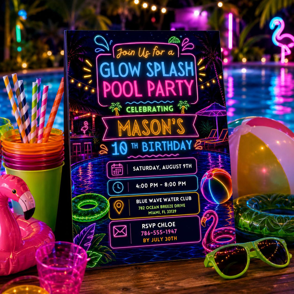 Editable Pool Birthday Invitation Canva Template, Neon Girls Pool Cute Modern Fun Themed DIY Sweet Party Invite, Printable Digital Download.