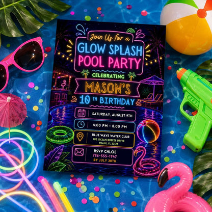 Editable Pool Birthday Invitation Canva Template, Neon Girls Pool Cute Modern Fun Themed DIY Sweet Party Invite, Printable Digital Download.