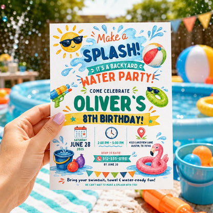 Editable Pool Birthday Invitation Canva Template, Boys Summer Cute Modern Fun Themed DIY Chic Kids Party Invite, Printable Digital Download.