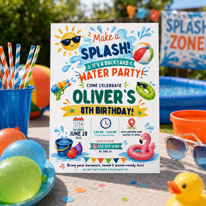 Editable Pool Birthday Invitation Canva Template, Boys Summer Cute Modern Fun Themed DIY Chic Kids Party Invite, Printable Digital Download.