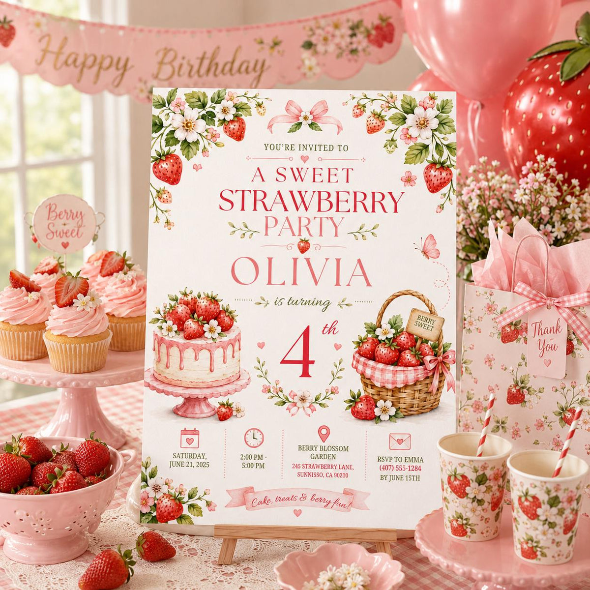 Editable Floral Birthday Invitation Canva Template, Pink Girls Kids Adult Floral Cute Fun DIY Chic Party Invite, Printable Digital Download.