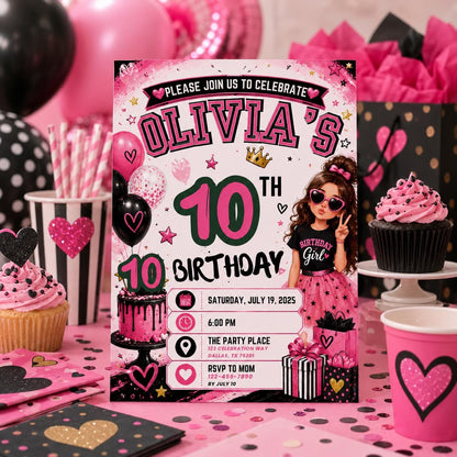 Editable Fashion Doll Birthday Invitation Canva Template, Pink Girls Cute Modern Fun DIY Chic Kids Party Invite, Printable Digital Download.