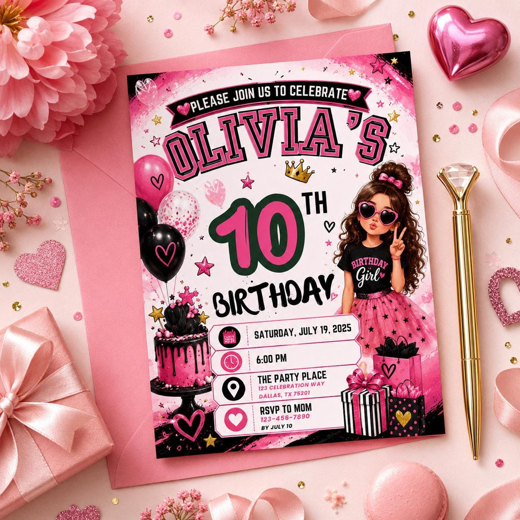 Editable Fashion Doll Birthday Invitation Canva Template, Pink Girls Cute Modern Fun DIY Chic Kids Party Invite, Printable Digital Download.