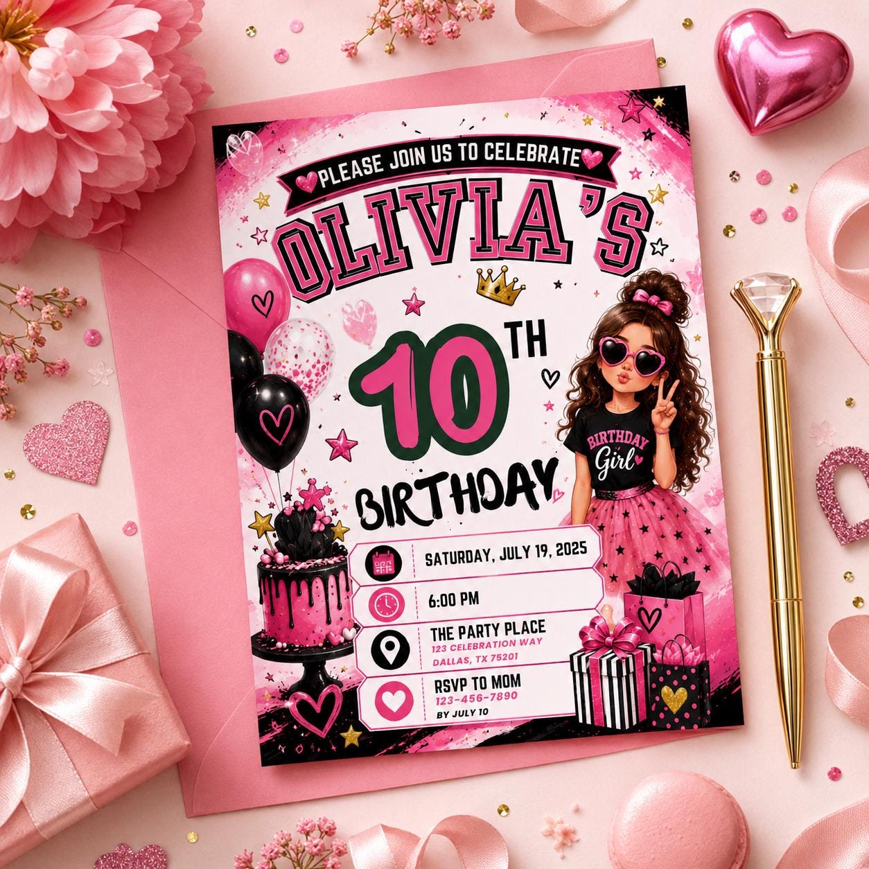 Editable Fashion Doll Birthday Invitation Canva Template, Pink Girls Cute Modern Fun DIY Chic Kids Party Invite, Printable Digital Download.