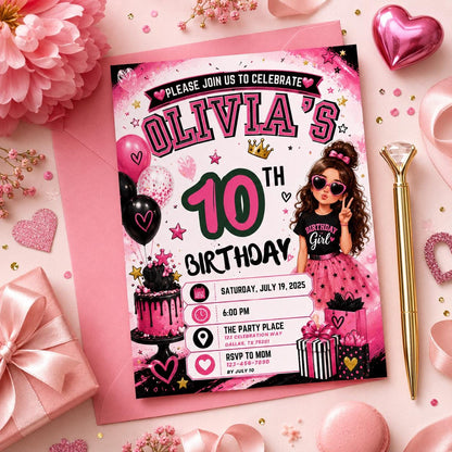 Editable Fashion Doll Birthday Invitation Canva Template, Pink Girls Cute Modern Fun DIY Chic Kids Party Invite, Printable Digital Download.