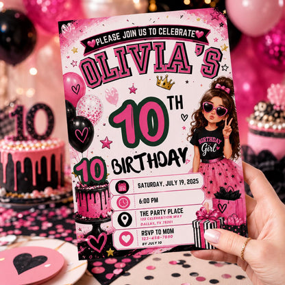 Editable Fashion Doll Birthday Invitation Canva Template, Pink Girls Cute Modern Fun DIY Chic Kids Party Invite, Printable Digital Download.