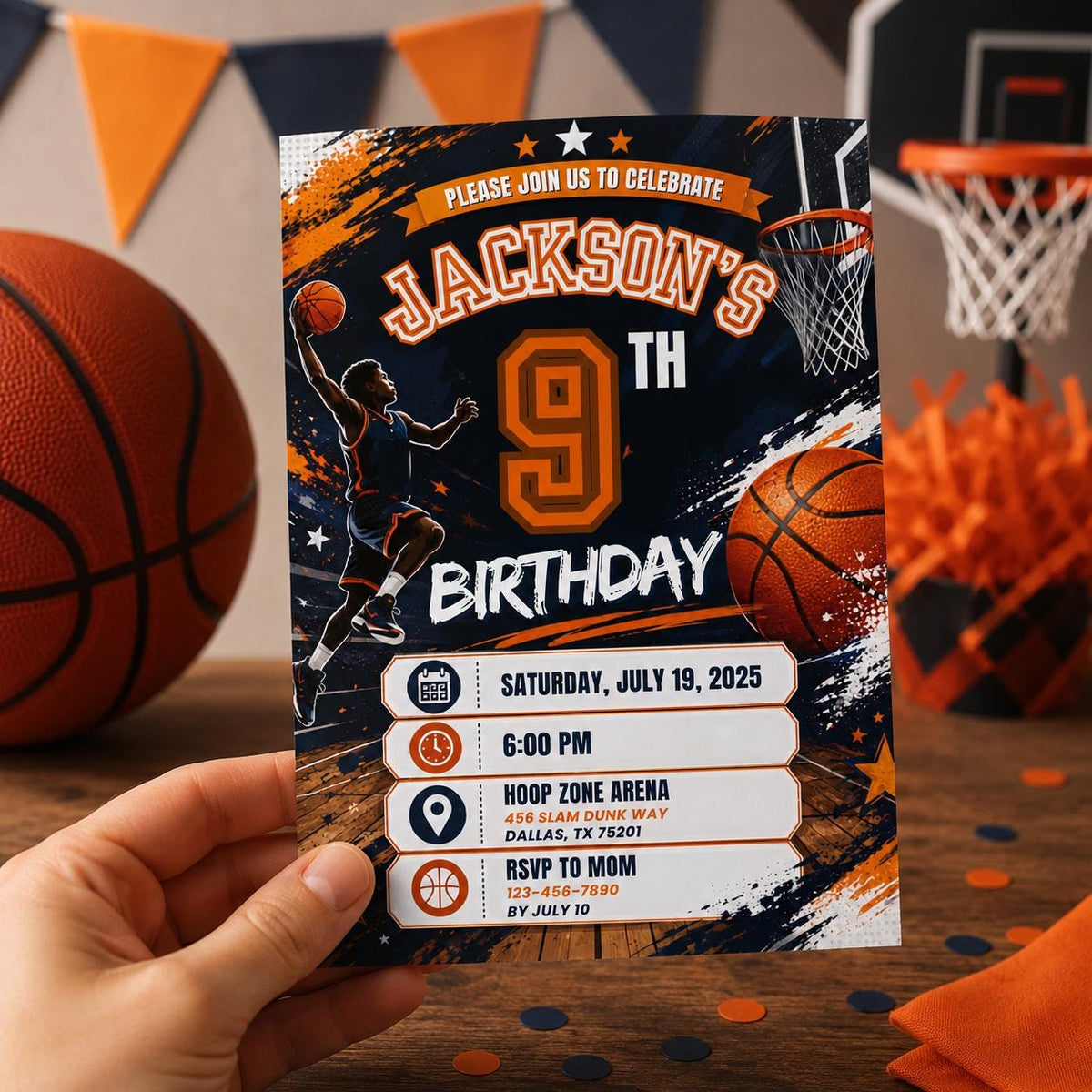 Editable Basketball Birthday Invitation Canva Template, Gold Black Luxury Sport Cute Fun DIY Sweet Party Invite, Printable Digital Download.